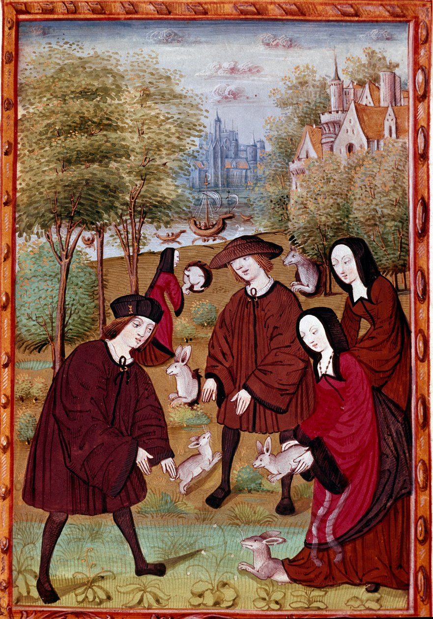 unge mennesker leger med kaniner Miniature fra "" Histoire de Jean III de Brush og hans kone Louise de Laval"" (fr. 1475) Chantilly, Musee Conde af Unknown artist