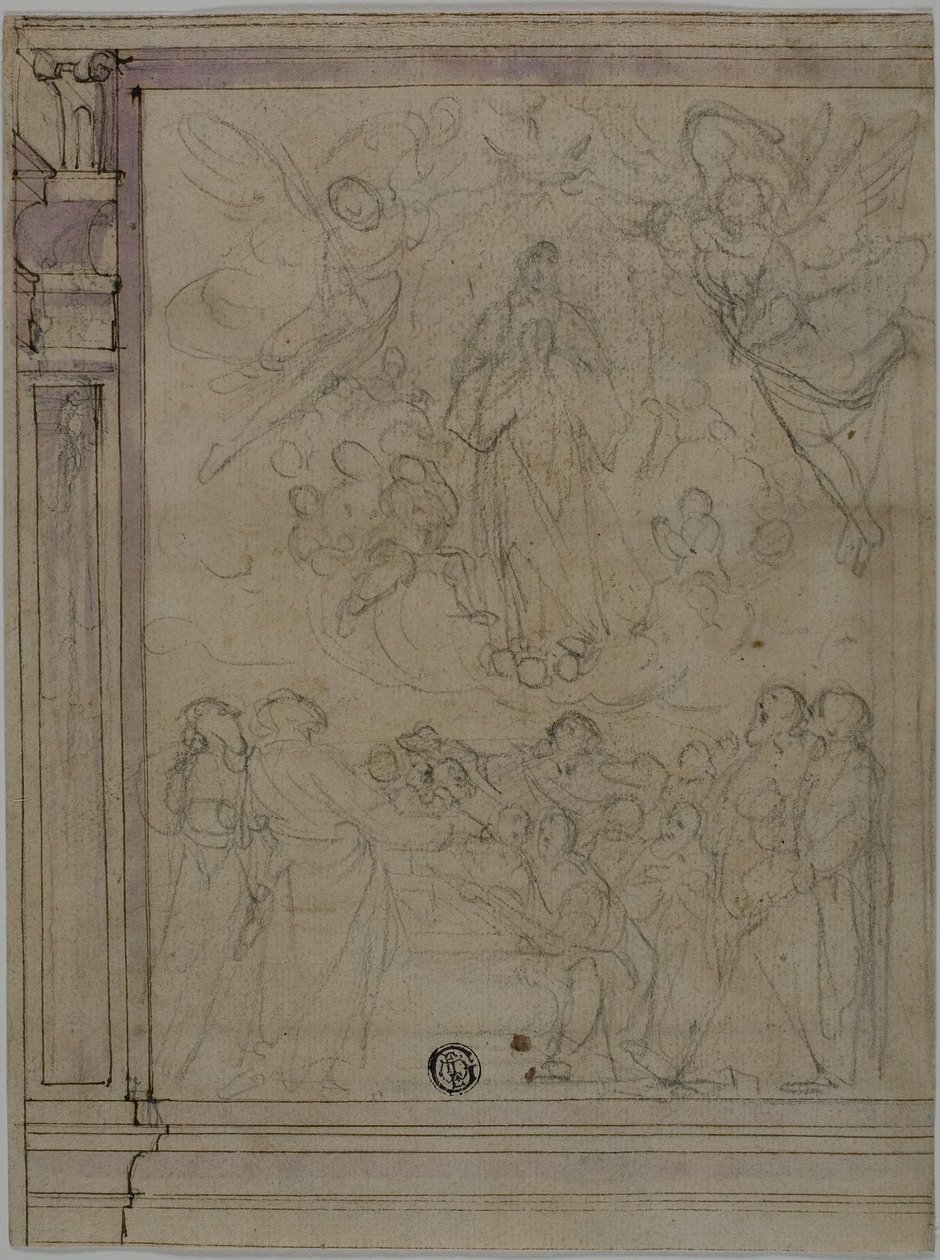Jomfru Marias Himmelfart (recto); Skitser af arkitektoniske detaljer (verso) af Unknown Florentine