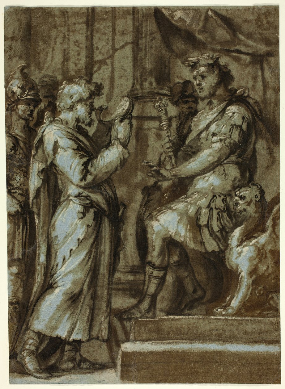 Tryllekunstner, der forudsiger noget for en kejser (recto); mandlig nøgen person, der bærer en byrde (verso) af Unknown Italian