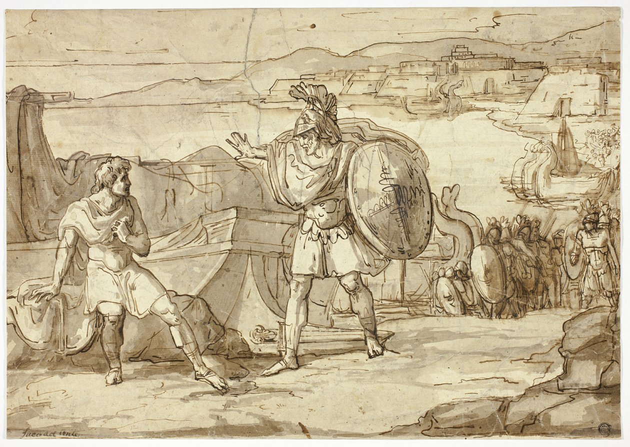 Scene fra Iliaden: Konfrontation mellem to krigere af Unknown Italian