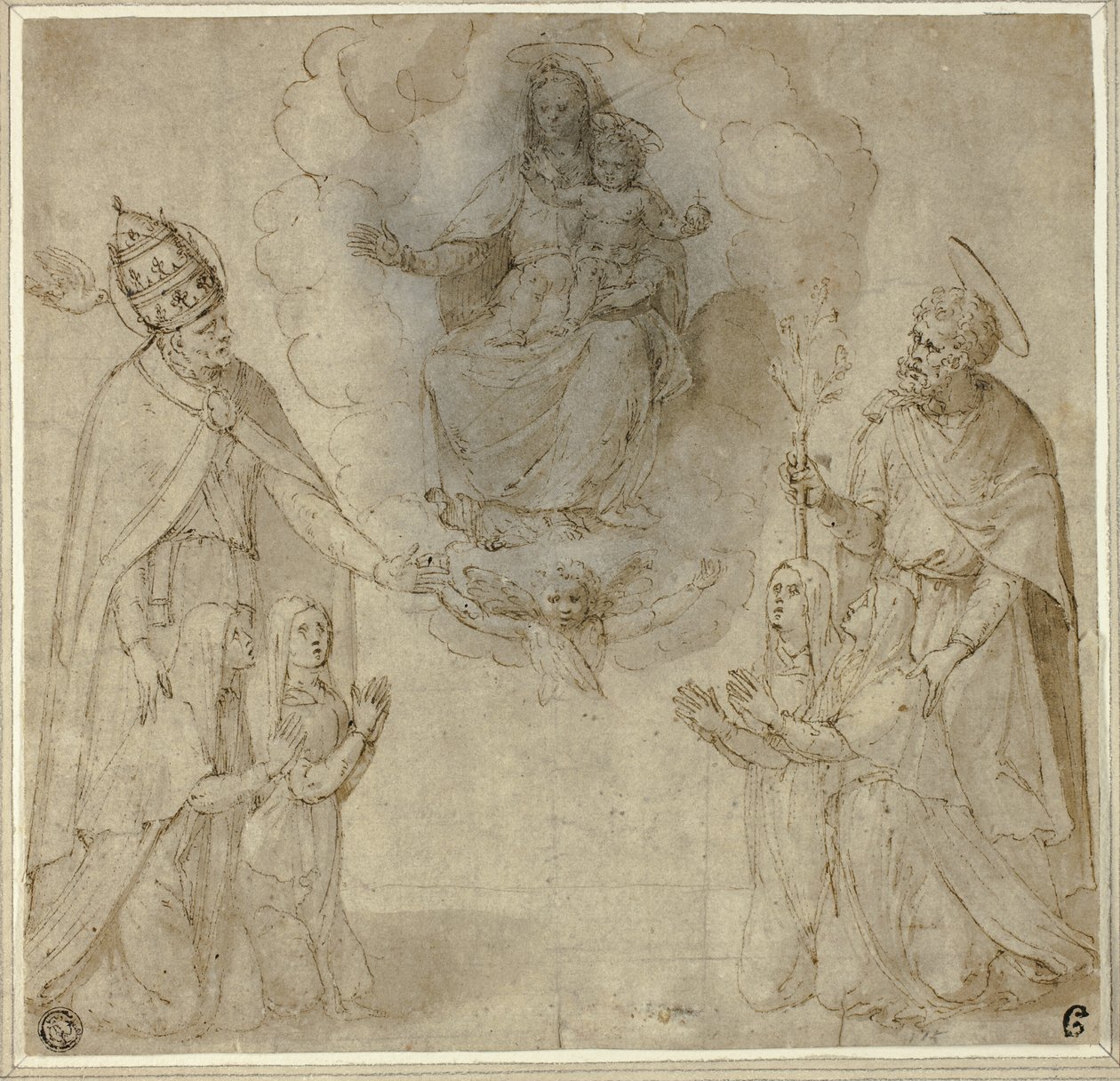 Jomfruen og barnet foran de hellige Fabianus (eller Gregorius den Store) og Josef af Unknown Sienese