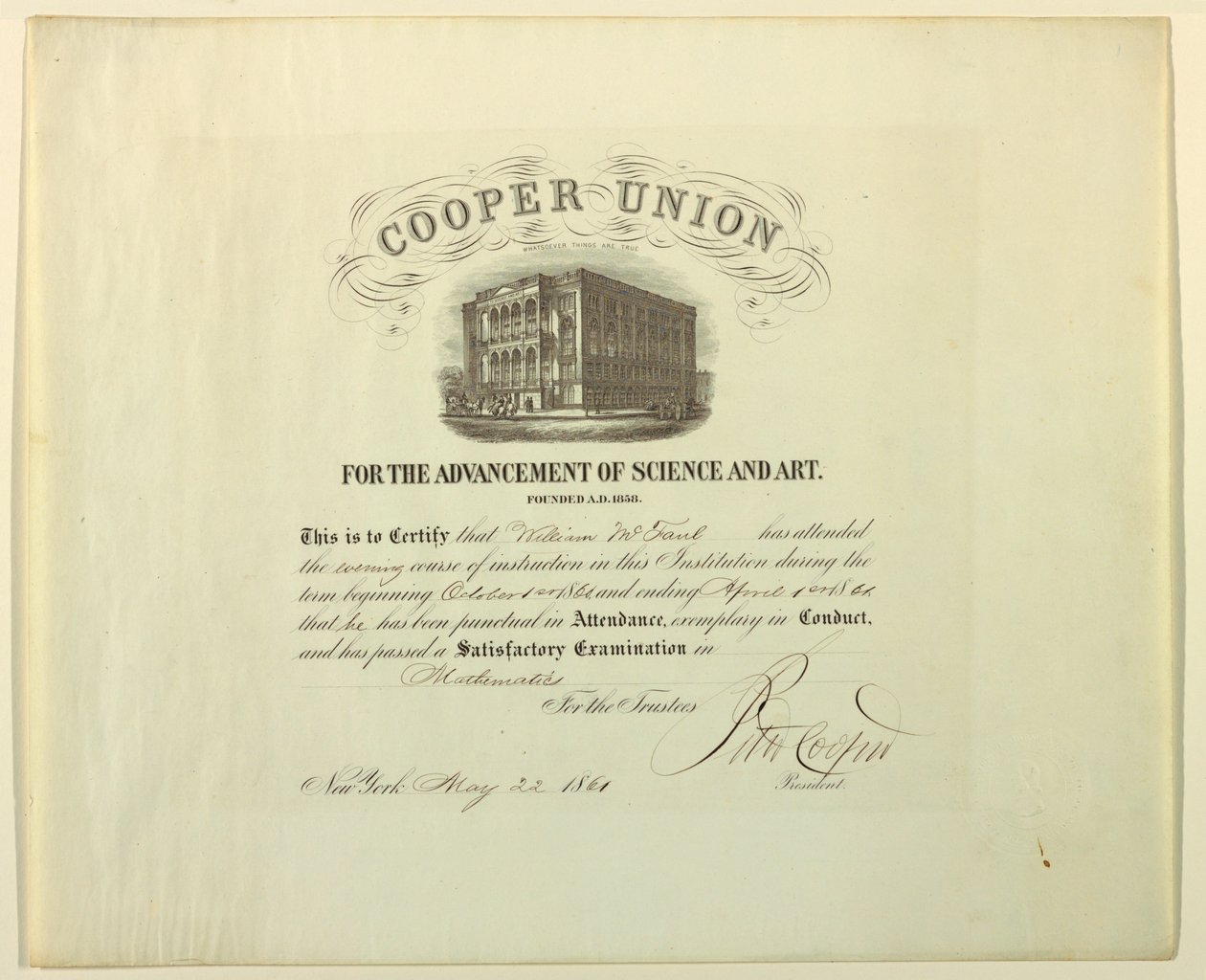 Certifikat (FRANCE amp; U.S.A.), 22. maj 1861 af Unknown artistUnknown artist