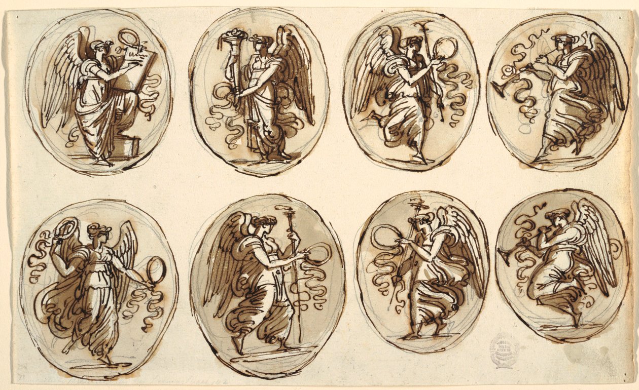 Tegning, loftdesign, historie, overflod i seks ovaler, salen med Herkules og Hebe, Palazzo Gessi, Faenza, 1813 af Unknown artistUnknown artist