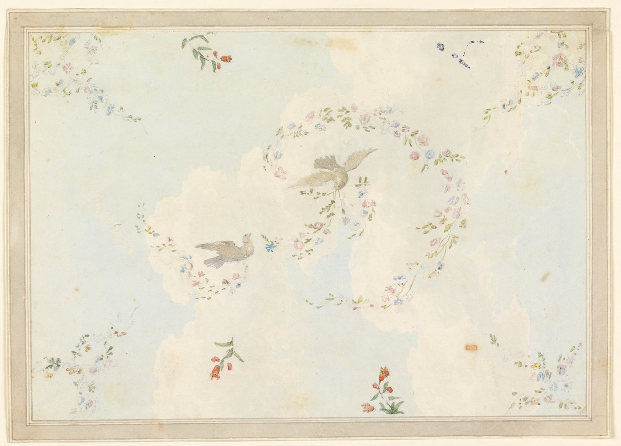 Tegning, loftsdesign med duer og blomsterguirlander, muligvis til indgangshallen, 1815-22 af Unknown artistUnknown artist