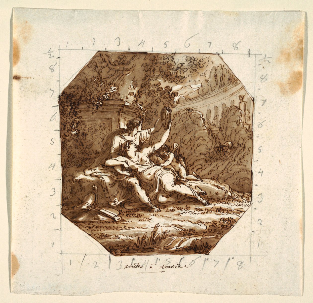 Tegning, loftsdesign med Rinaldo og Armida, Palazzo Milzetti, Faenza, 1804-05 af Unknown artistUnknown artist