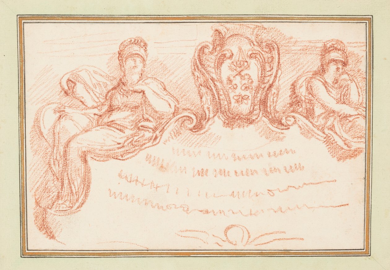 Tegning, loftsdetalje med to siddende figurer og våbenskjold, ca. 1759-70 af Unknown artistUnknown artist