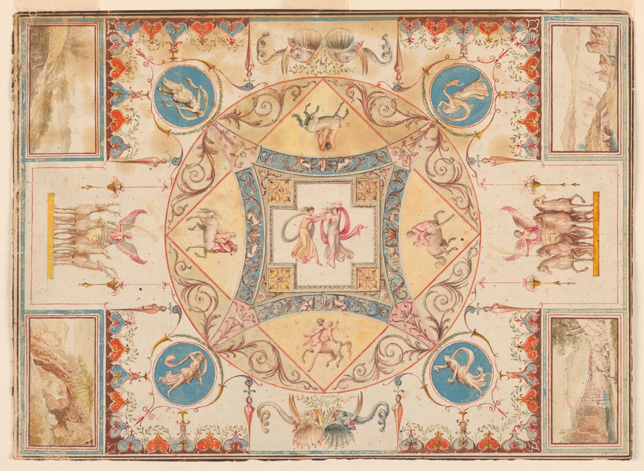 Tegning, Loft i Hadrians villa med nymfer, kentaurer, hjorte og elefanter, ca. 1785 af Unknown artistUnknown artist