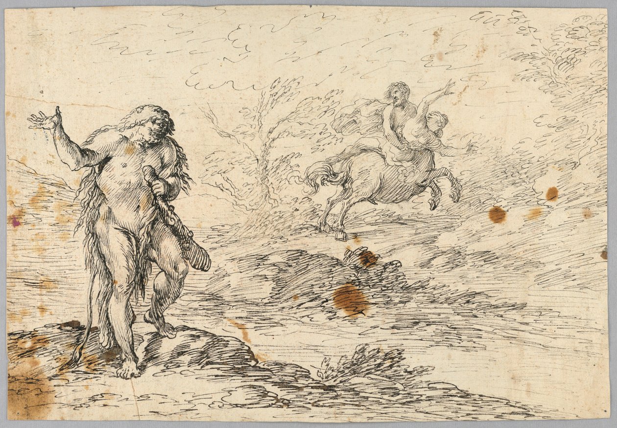 Tegning, Kentaur redder jomfru fra køllesvingende væsen, 16.-19. århundrede af Unknown artistUnknown artist