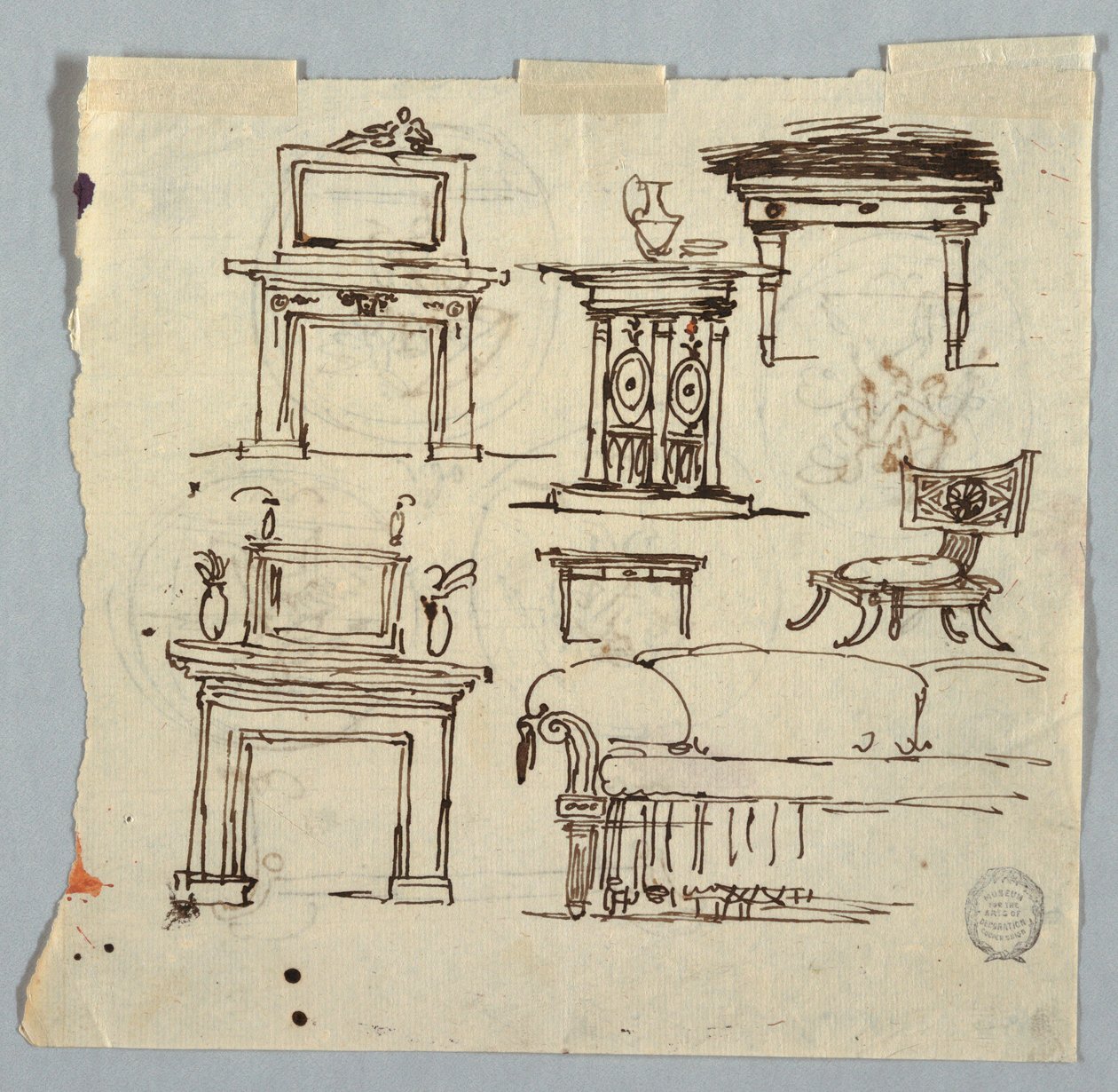 Tegning, skorstensstykker, møbler og loftsmedaljon, 1790-1810 af Unknown artistUnknown artist