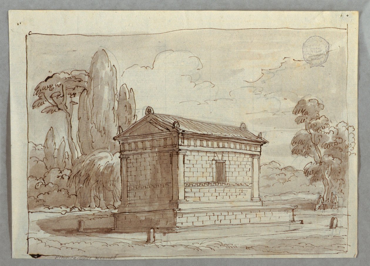 Tegning, Klassisk tempel i et landskab, ca. 1805 af Unknown artistUnknown artist