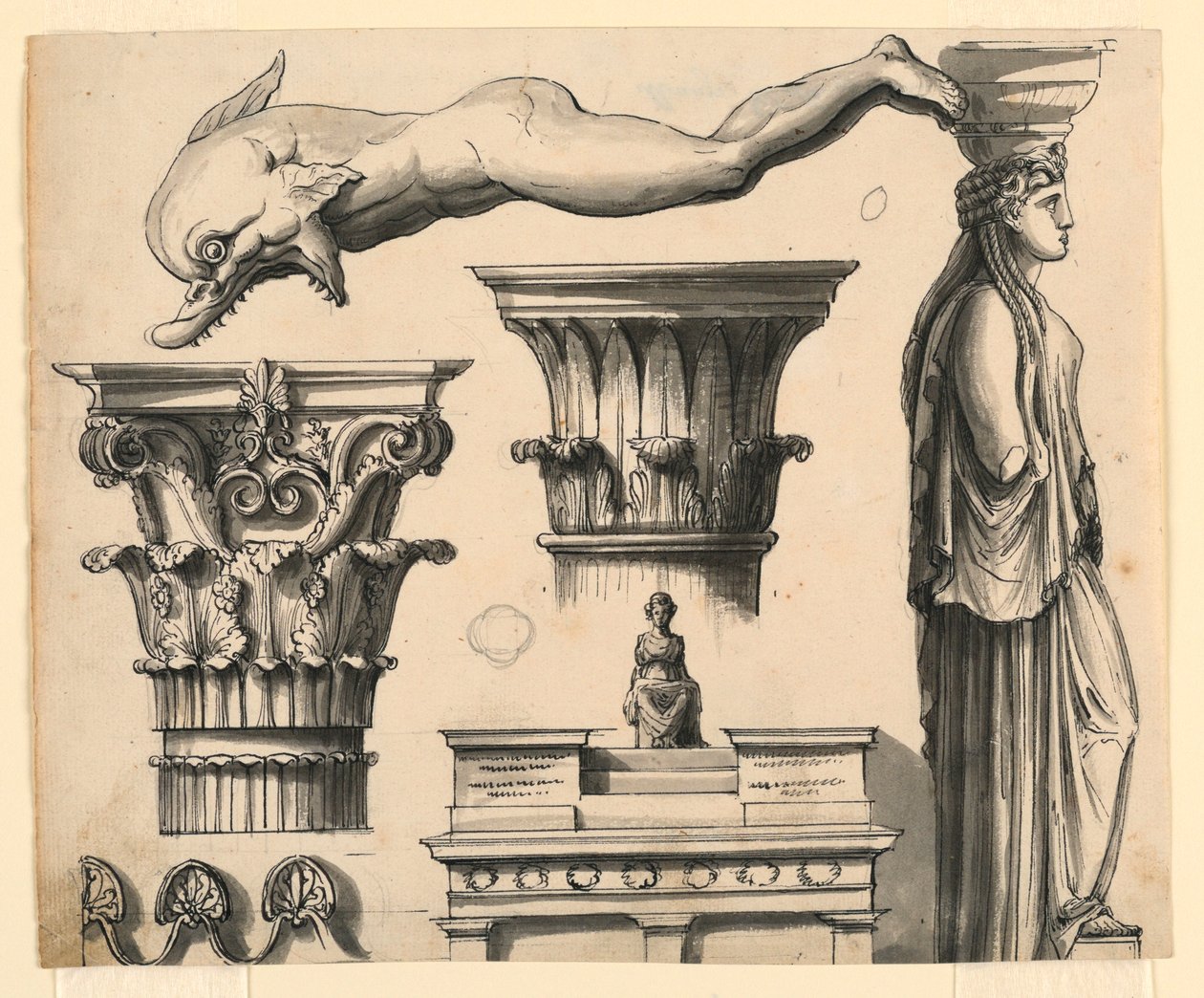 Tegning, Klassiske og pseudoklassiske arkitektoniske detaljer, ca. 1840 af Unknown artistUnknown artist