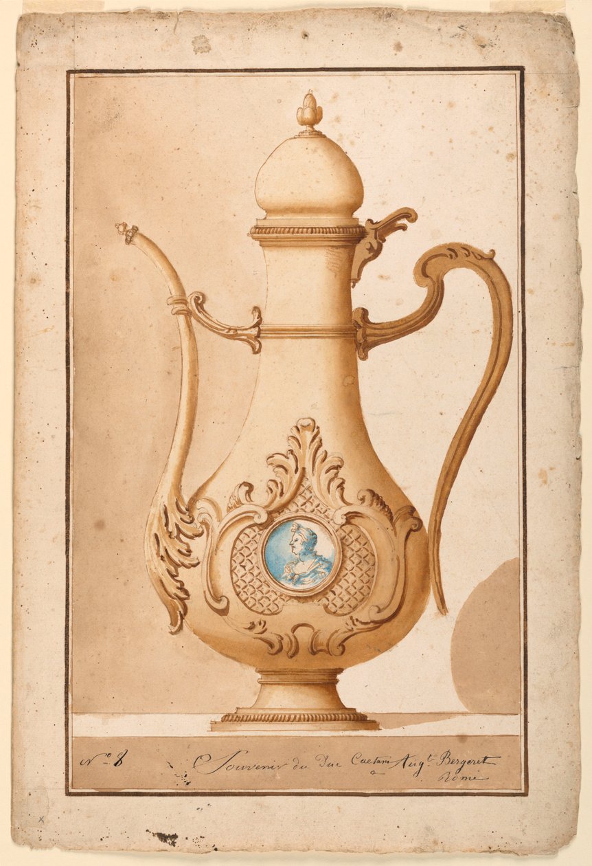 Tegning, kaffekande med emaljeret medaljon, 1700-1725 af Unknown artistUnknown artist