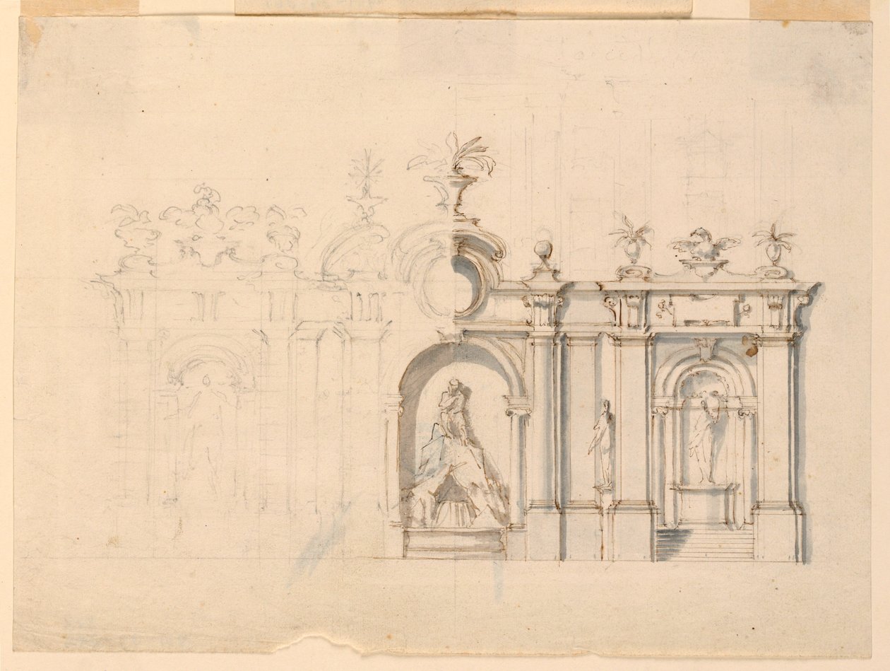 Tegning, Kolonnade med springvand, ca. 1770 af Unknown artistUnknown artist
