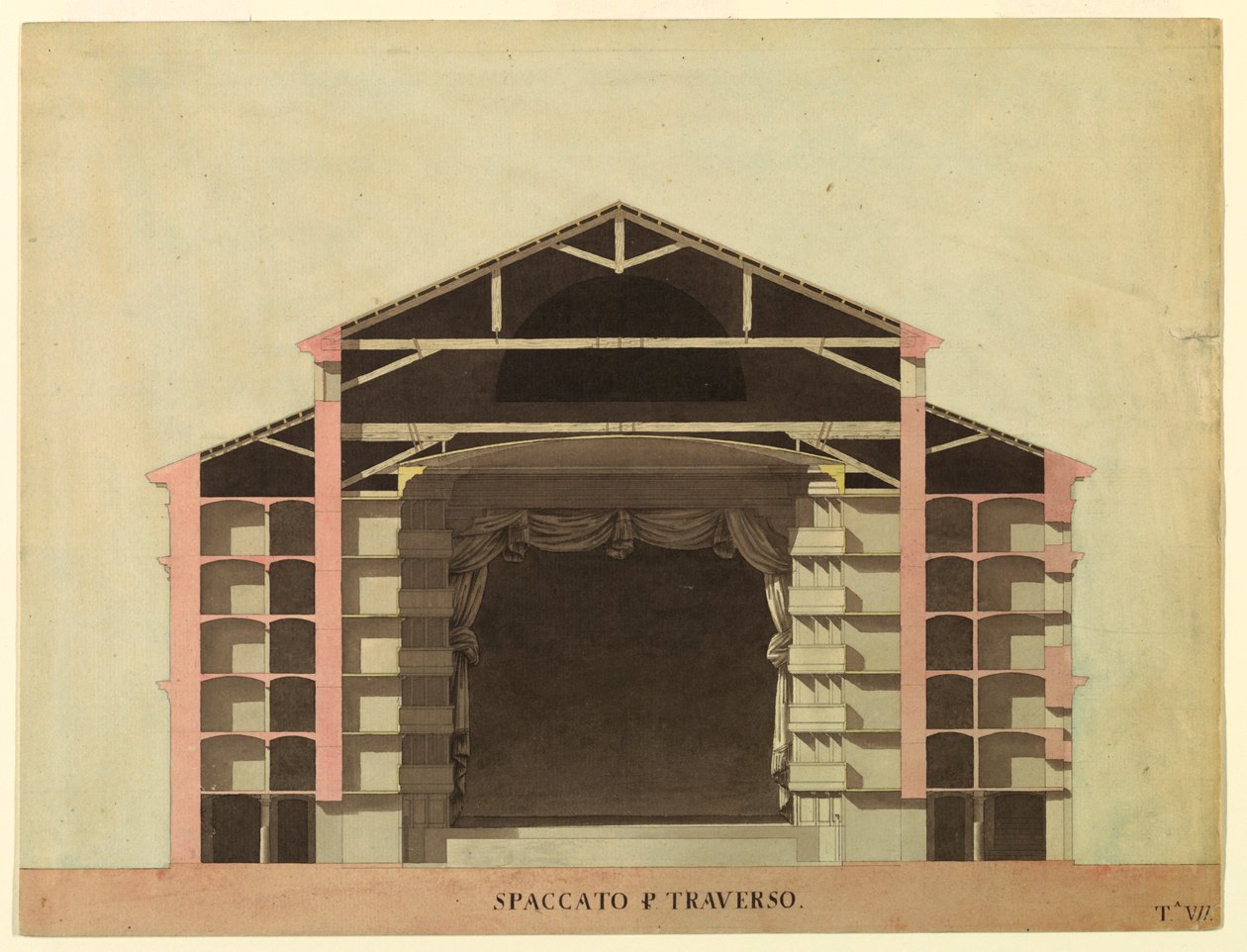 Tegning, Konkurrencedesign til La Fenice, Venedig: Tværsnit, 1788 af Unknown artistUnknown artist