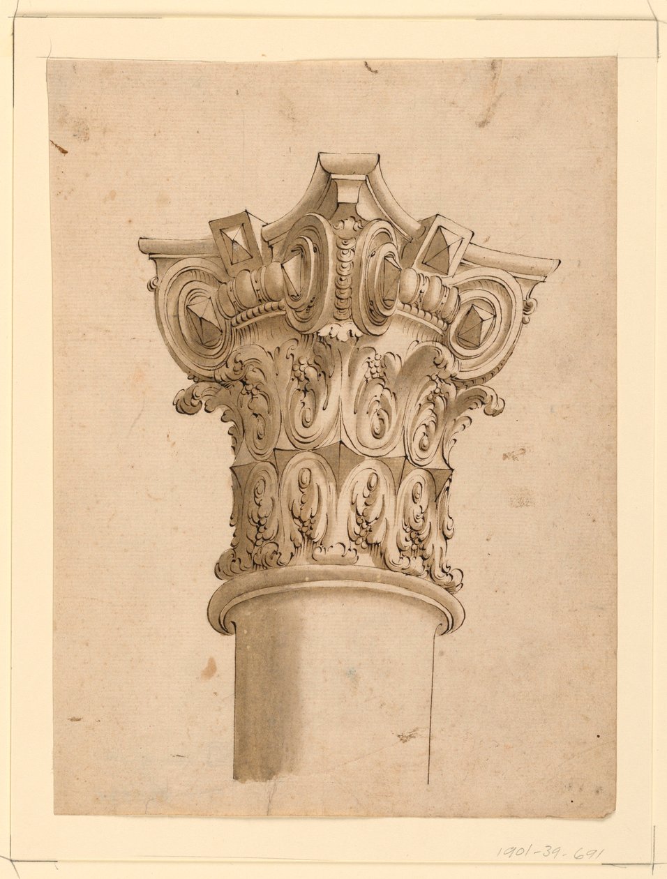 Tegning, hjørnebillede af sammensat kapital, 1625-1650 af Unknown artistUnknown artist