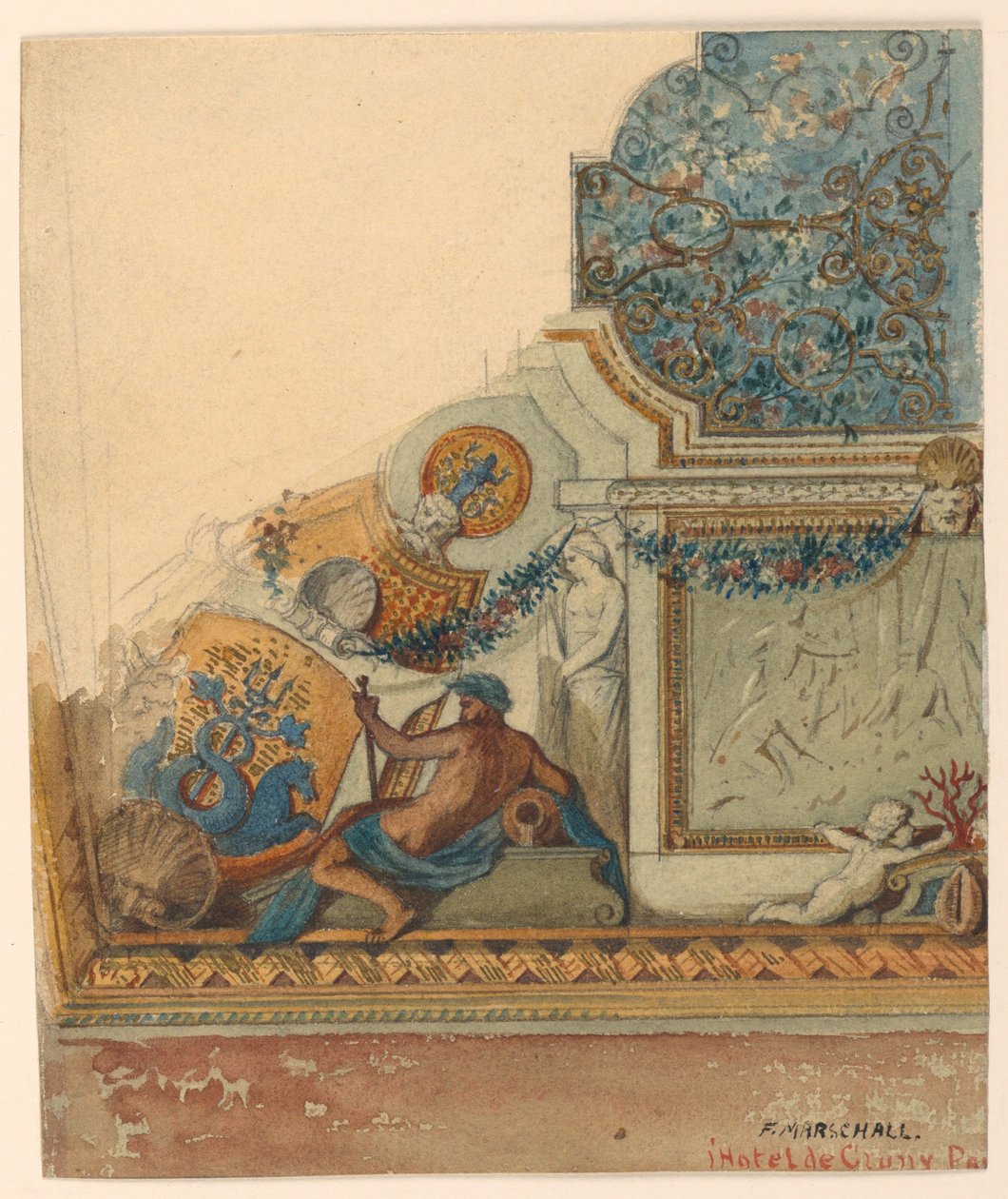 Tegning, hjørnedetalje af loft, Hotel de Cluny, Paris, ca. 1885 af Unknown artistUnknown artist