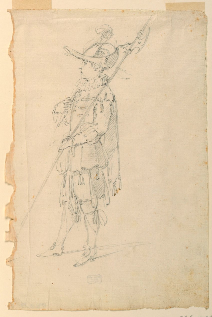 Tegning, kostumedesign: En hellebardist til en ballet, ca. 1720 af Unknown artistUnknown artist