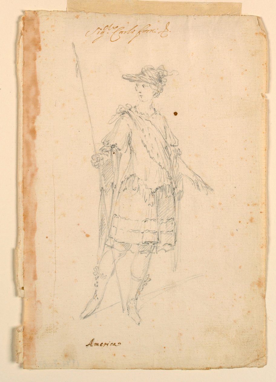 Tegning, kostumedesign: Amerika til en ballet, ca. 1720 af Unknown artistUnknown artist