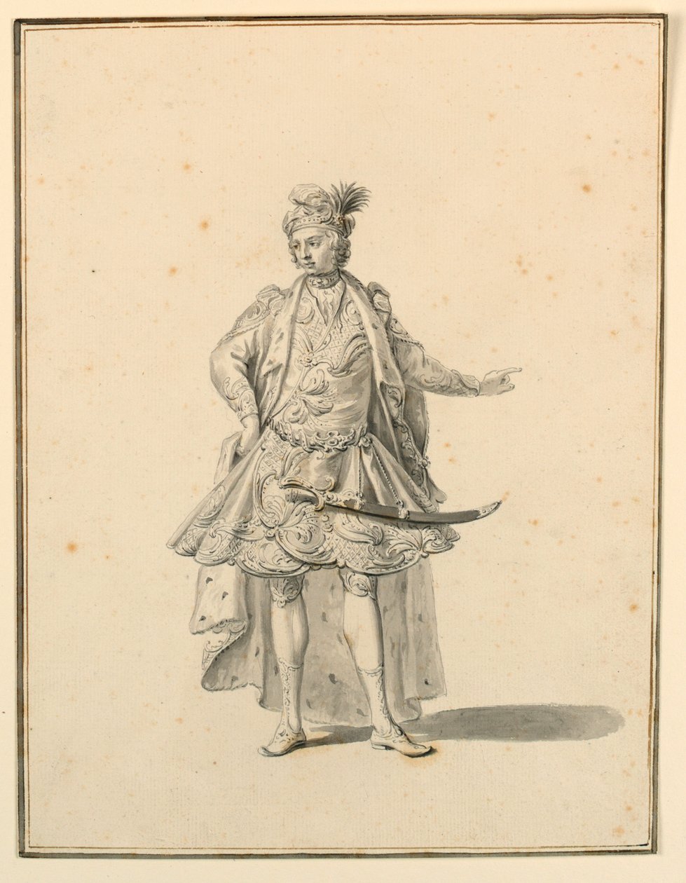 Tegning, kostumedesign: Persisk prins, til en sceneproduktion designet af Giuseppe Galli Bibiena, 1719 af Unknown artistUnknown artist