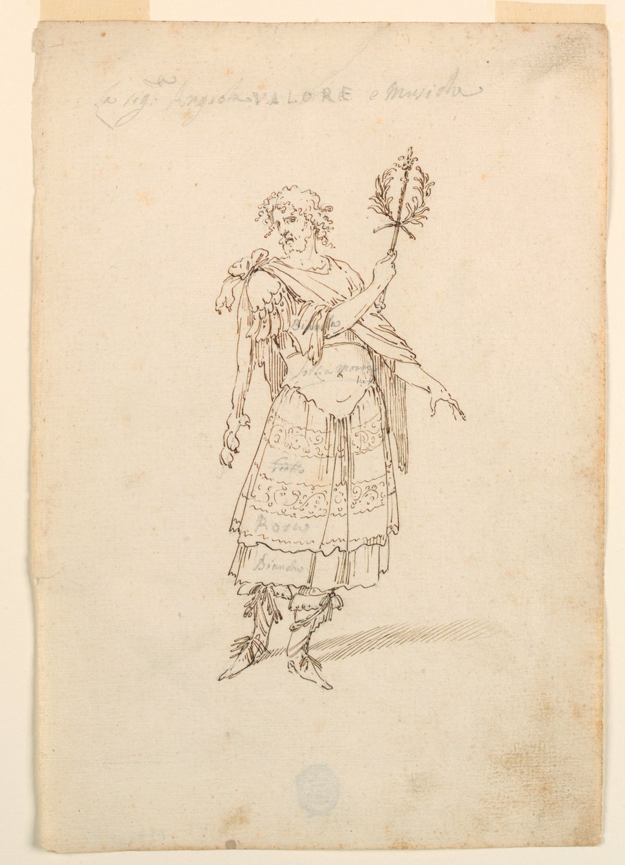 Tegning, kostumedesign: Valor og musik til en ballet, ca. 1720 af Unknown artistUnknown artist