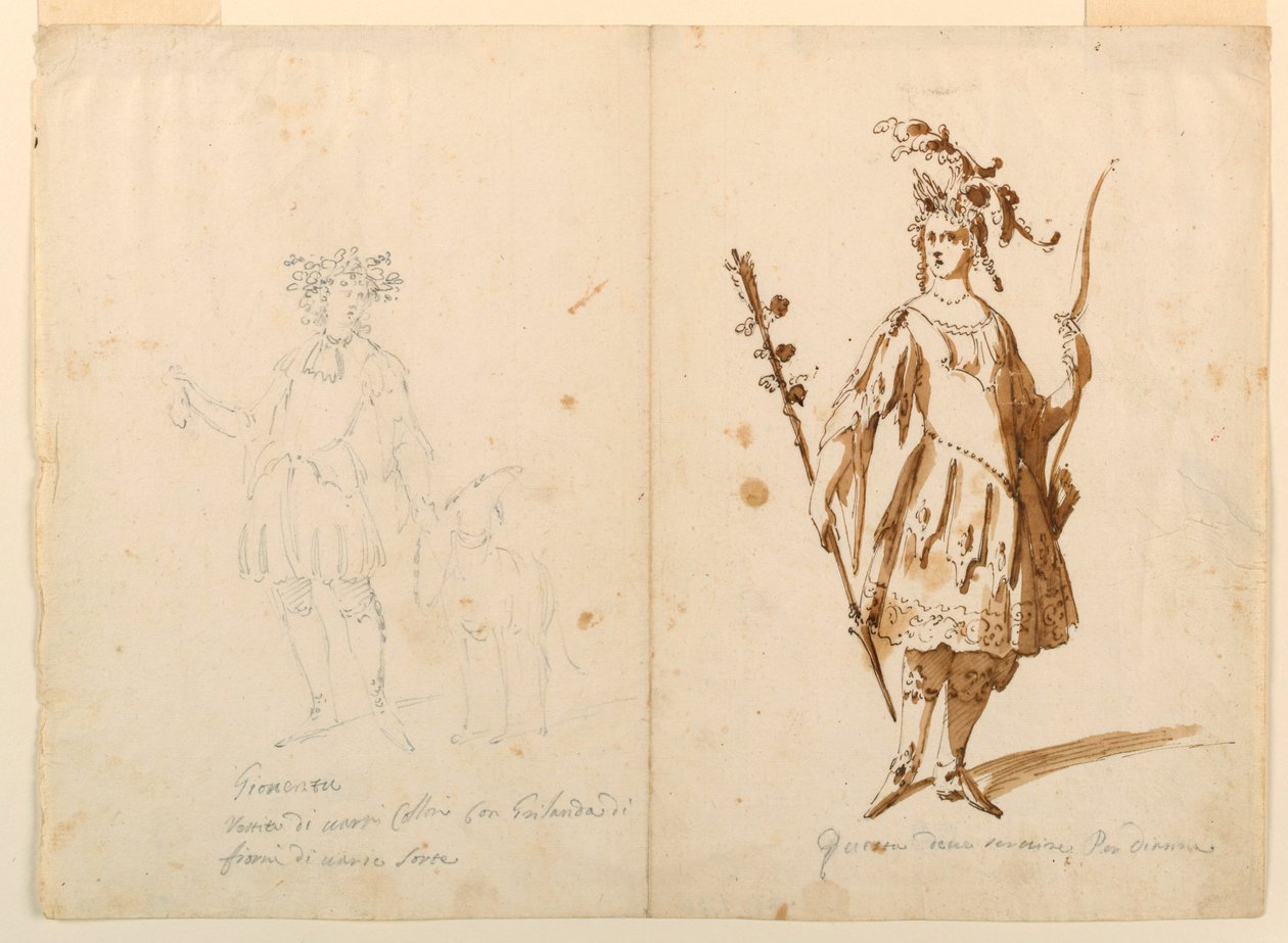 Tegning, kostumedesign: Ungdom og Diana til en ballet, ca. 1720 af Unknown artistUnknown artist