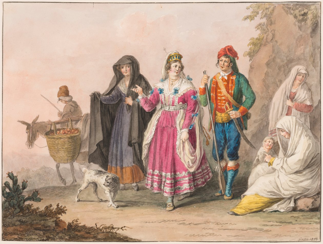 Tegning, Siciliens kostumer, 1828 af Unknown artistUnknown artist