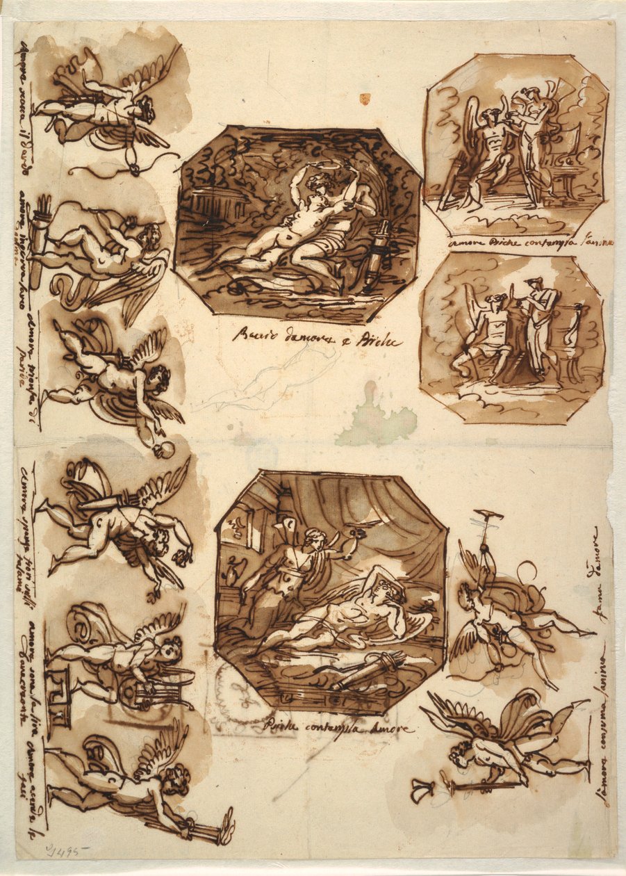 Tegning, Amor og Psyke: Fire oktagoner og otte tegninger af Amor, 1810-15 af Unknown artistUnknown artist