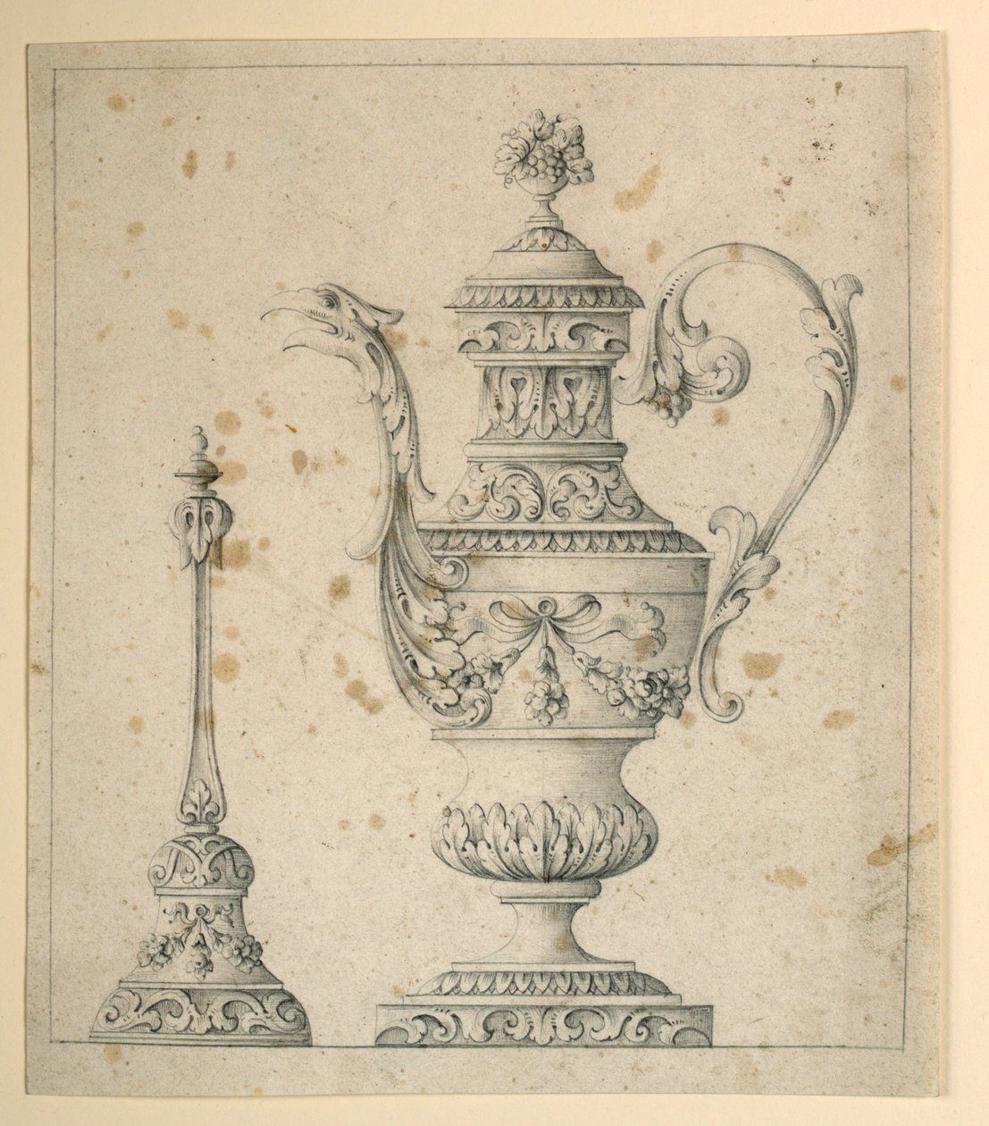 Tegning, Dekoreret kande og håndklokke, 1860-80 af Unknown artistUnknown artist