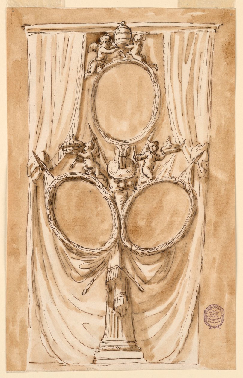 Tegning, Dekoration til portræt af pave Pius VI og kongepar, ca. 1790 af Unknown artistUnknown artist