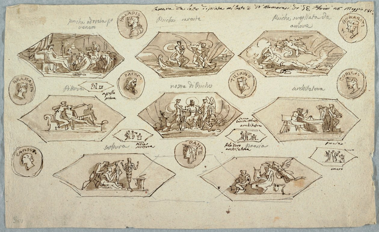 Tegning, udsmykning af loftet i et soveværelse i Villa Aldini, Montmorency, 1813 af Unknown artistUnknown artist
