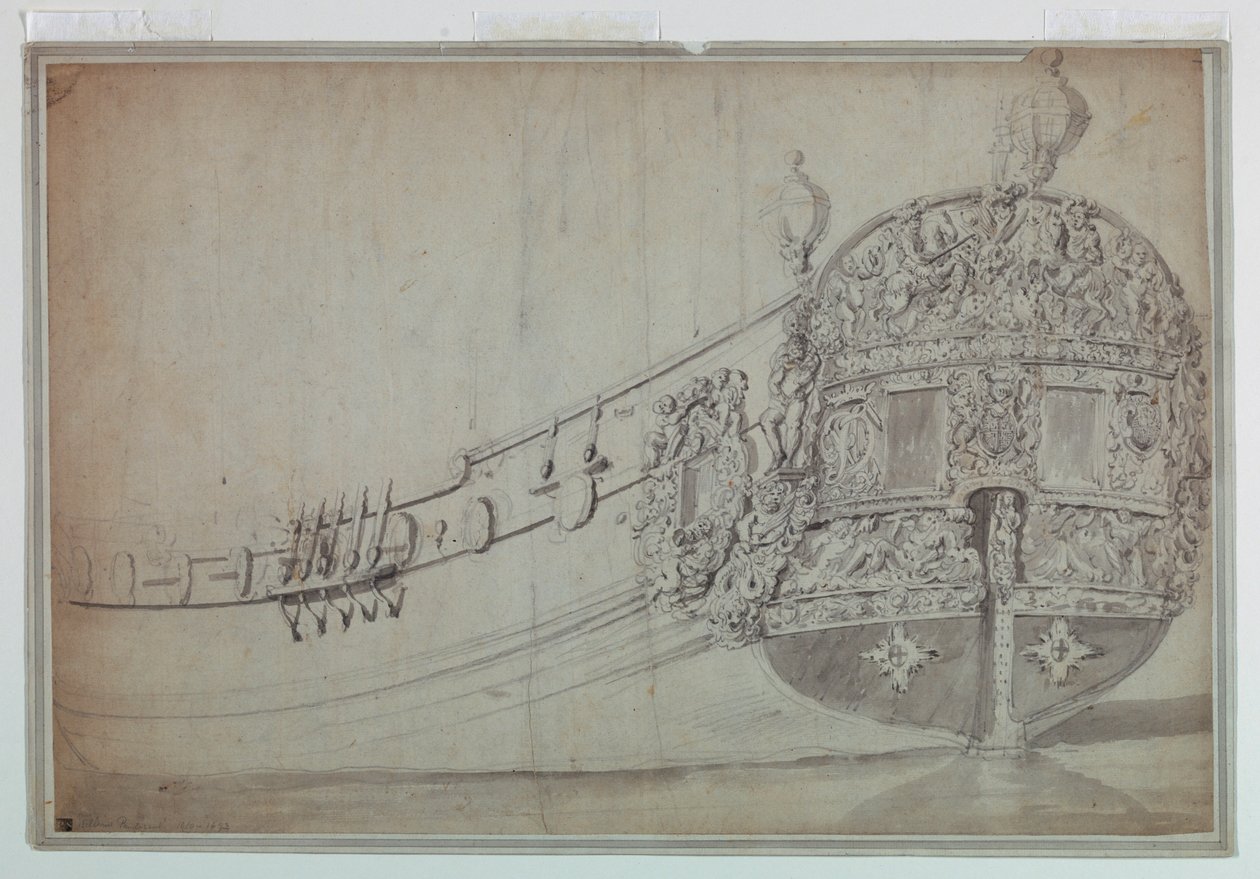 Tegning, Dekorativt design til agterenden af et skib, ca. 1705 af Unknown artistUnknown artist