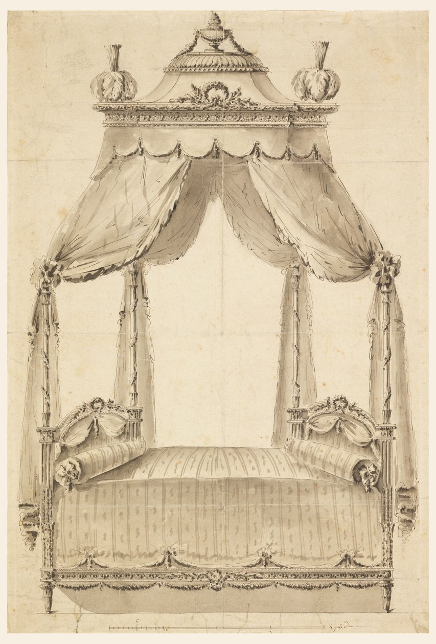 Tegning, design til en seng, ca. 1785 af Unknown artistUnknown artist