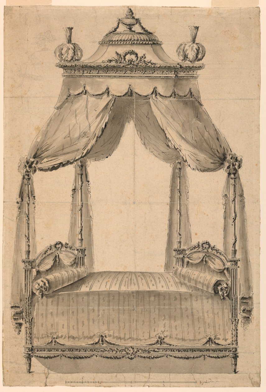 Tegning, design til en seng, ca. 1785 af Unknown artistUnknown artist