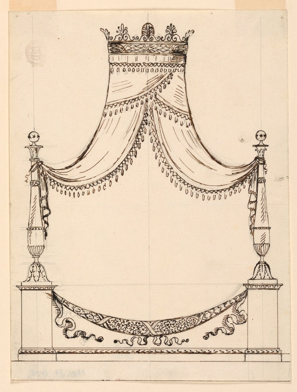 Tegning, design til en seng, ca. 1800 af Unknown artistUnknown artist