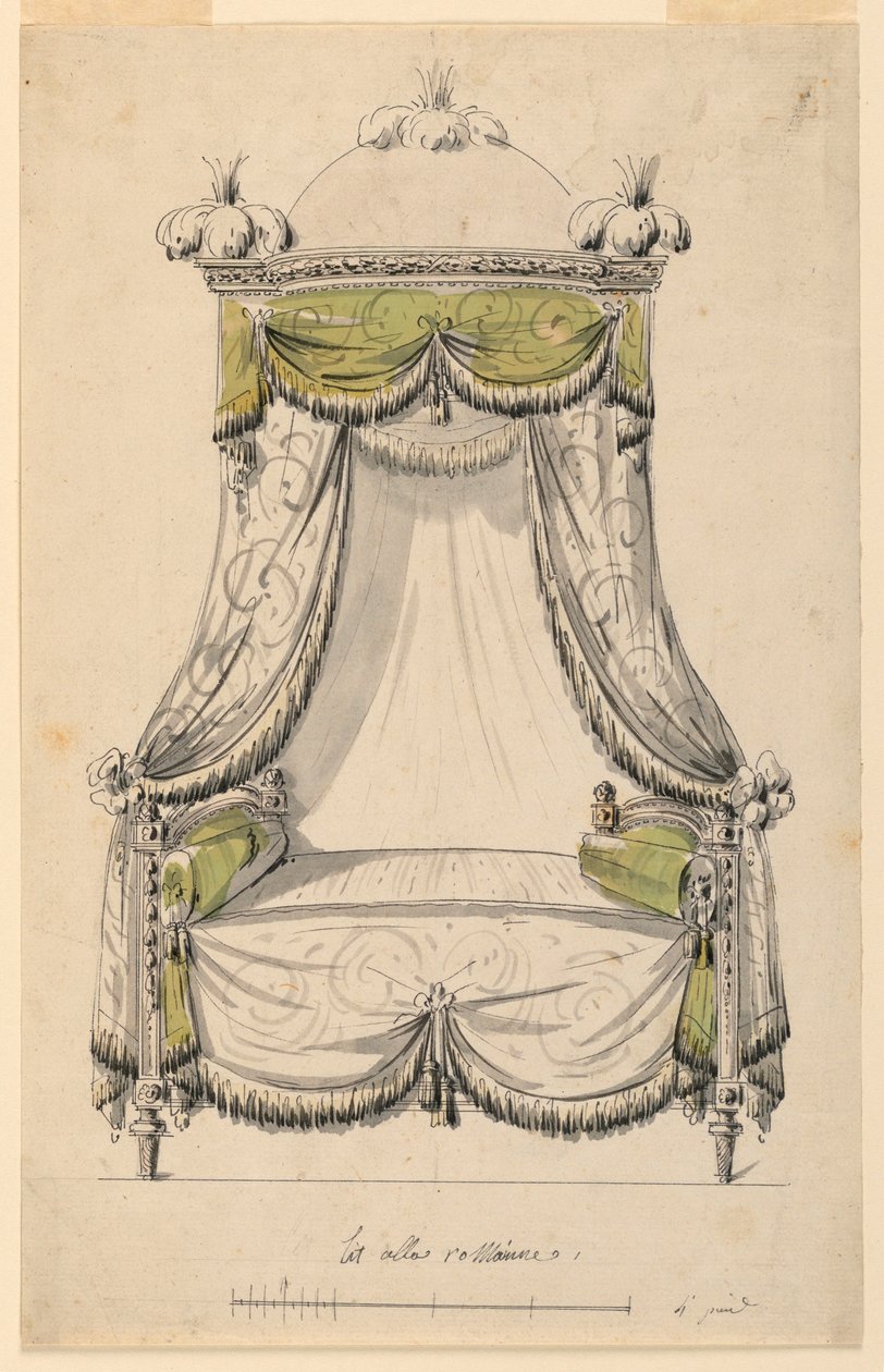 Tegning, Design til en seng i romersk stil, 1780 af Unknown artistUnknown artist