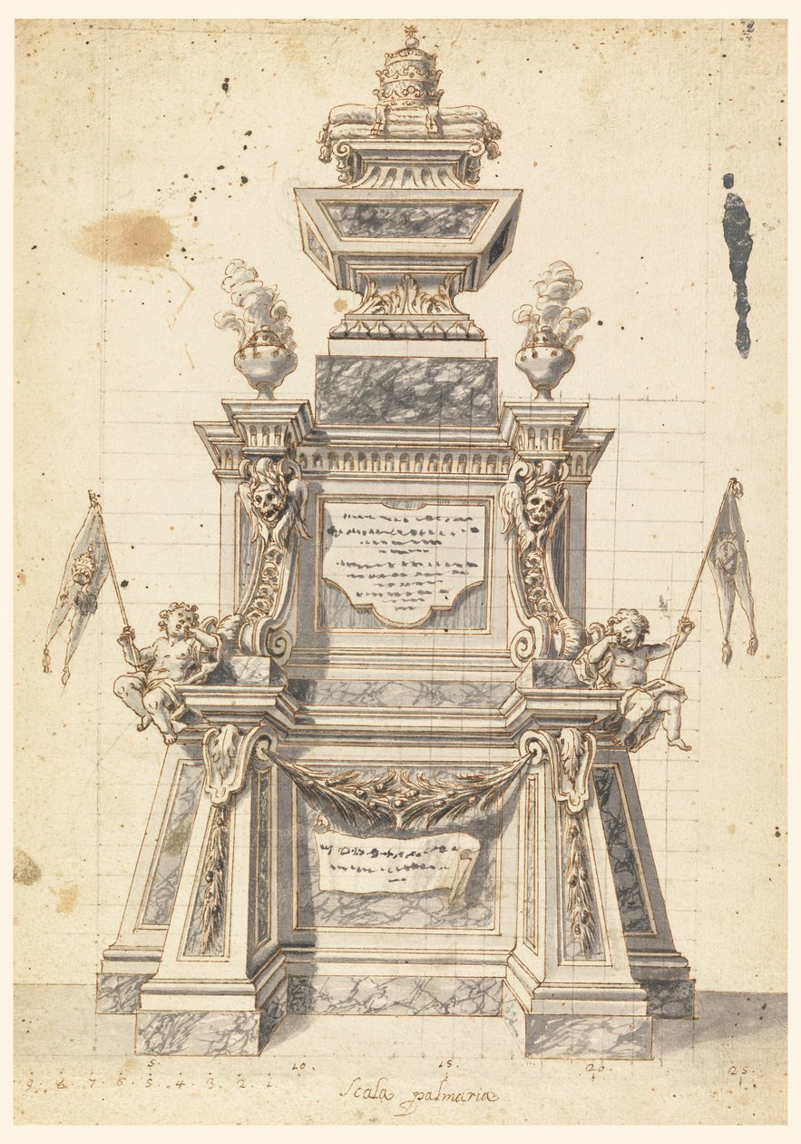Tegning, Design til en katafalk til mindehøjtidelighed for en pave, sandsynligvis Clemens XI, 1721 af Unknown artistUnknown artist