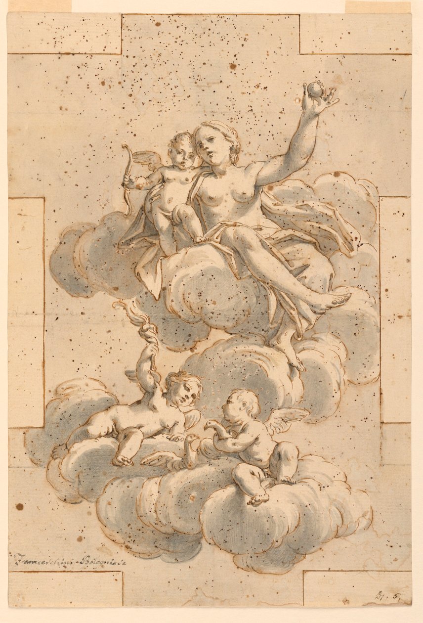 Tegning, udkast til et loftsmaleri, Venus, Amor og Putti, 1700-29 af Unknown artistUnknown artist