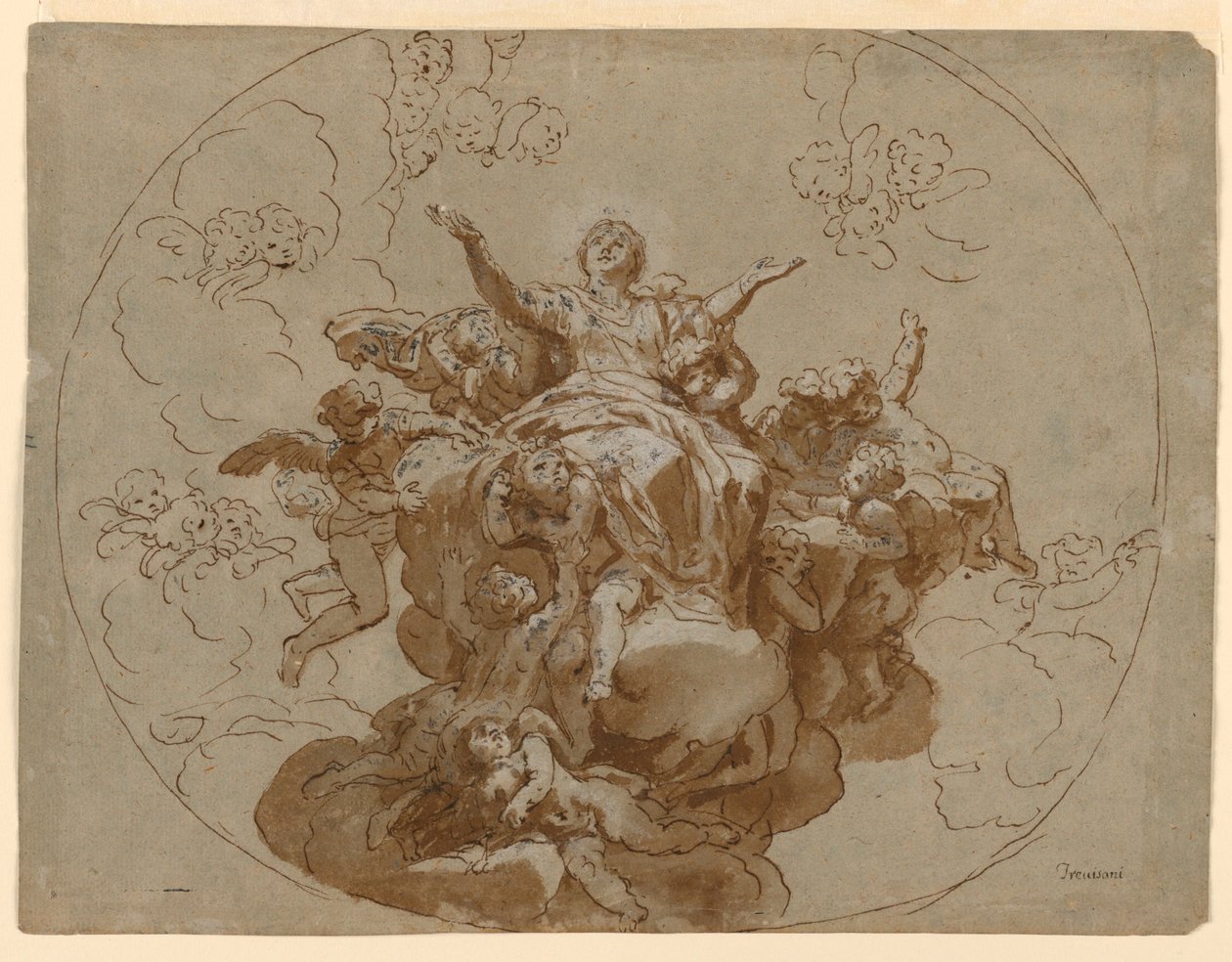 Tegning, udkast til et loft med Jomfru Marias himmelfart, 1700-1730 af Unknown artistUnknown artist