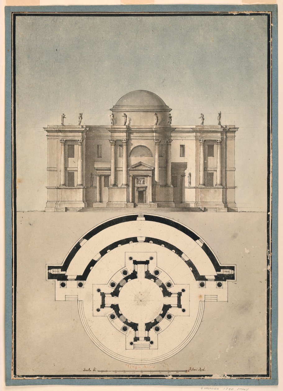 Tegning, Design til et klassisk tempel med tempietto og halvcirkelformet aedicule, ca. 1780 af Unknown artistUnknown artist
