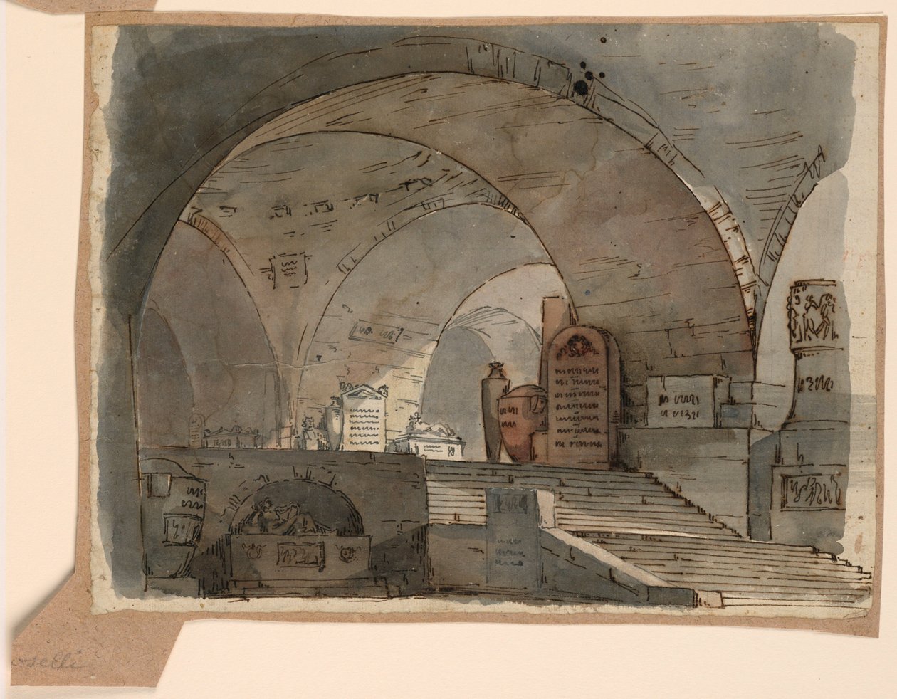 Tegning, scenografi, underjordisk hvælvet rum med grave, begyndelsen af det 19. århundrede af Unknown artistUnknown artist