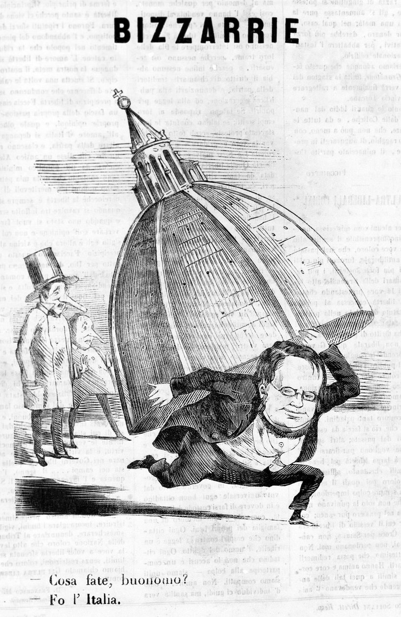 - Hvad laver du, sir? - Jeg laver Italien (Cavour med kuplen i Firenze) satirisk indgravering af Il Fischietto af Unknown artist