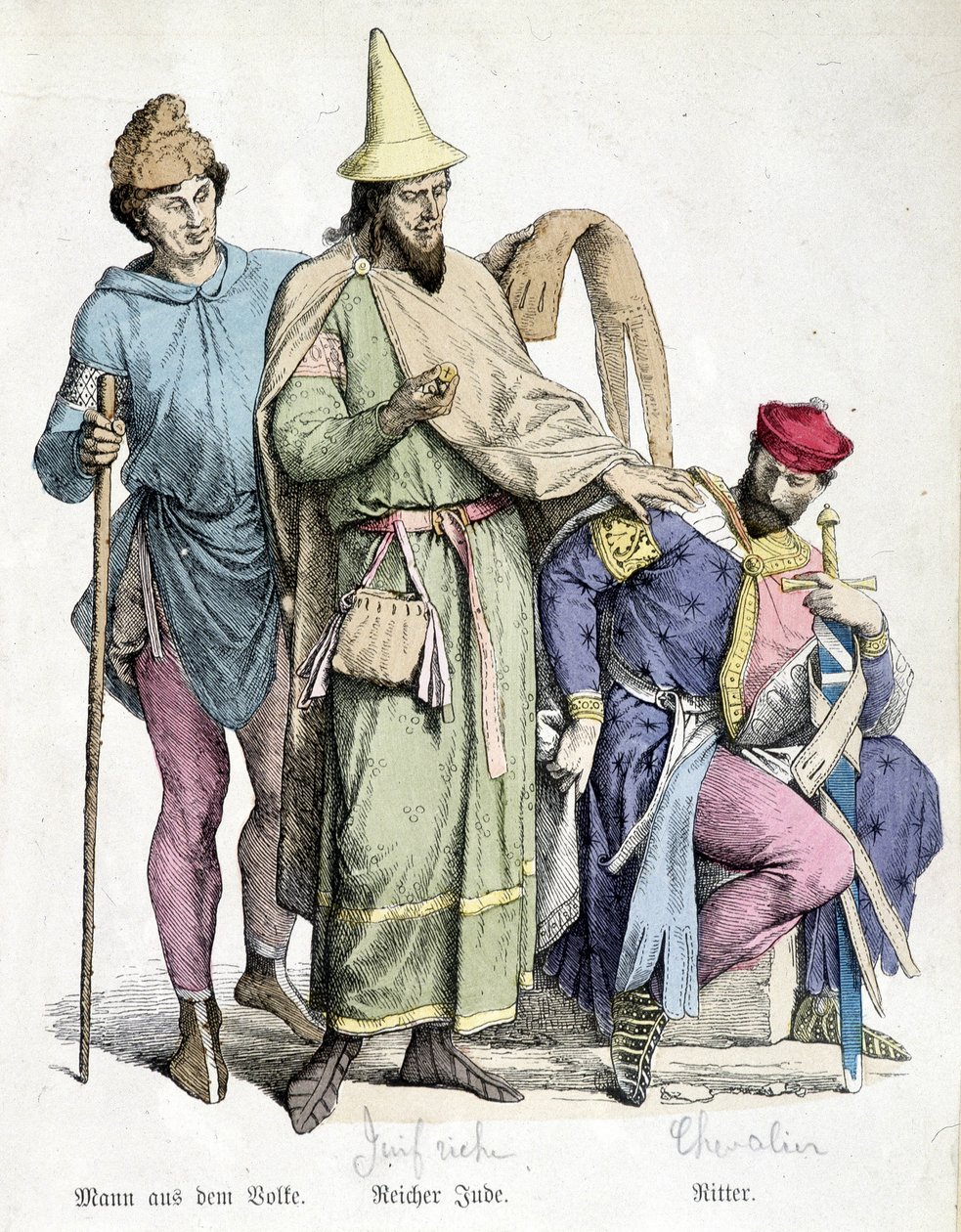 11. århundredes kostumer: Manden med stokken, den rige jøde og ridderen. Indgravering af det 19. århundrede. af Unknown artist