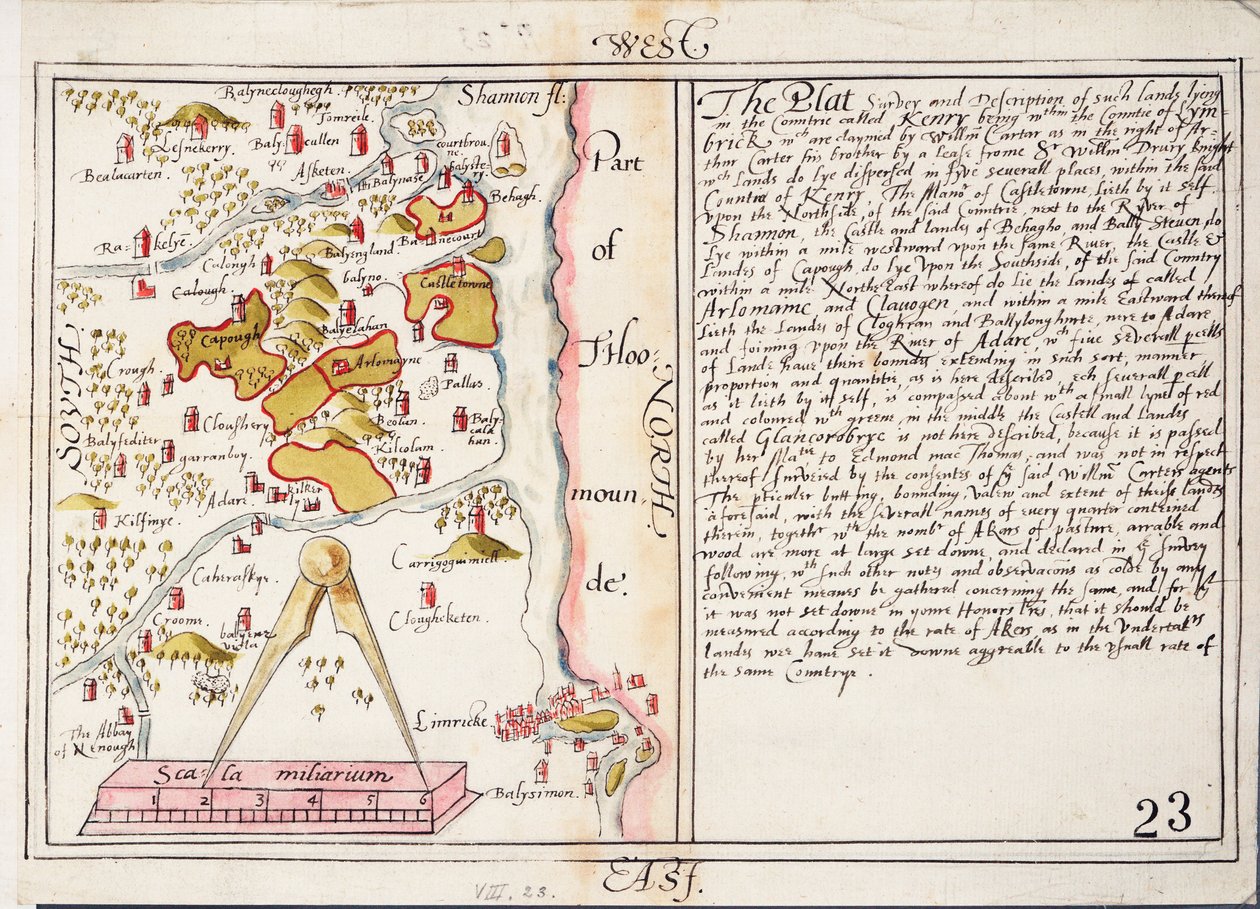 Kort fra det 16. århundrede over county Limerick, Irland, ca. 1588 (papir, linned) af Unknown artist
