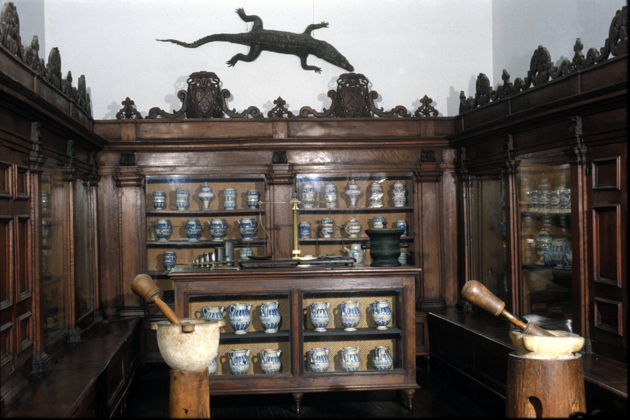 1600-tals apotek, vaser, potter, mørtler... Museum for Videnskab og Teknologi, Milano. af Unknown artist