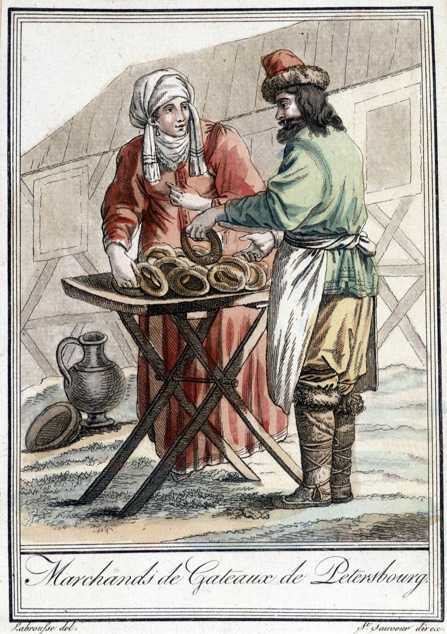 Tallerken fra det 19. århundrede, der forestiller en russisk mand, kagehandler i Petersborg. af Unknown artist