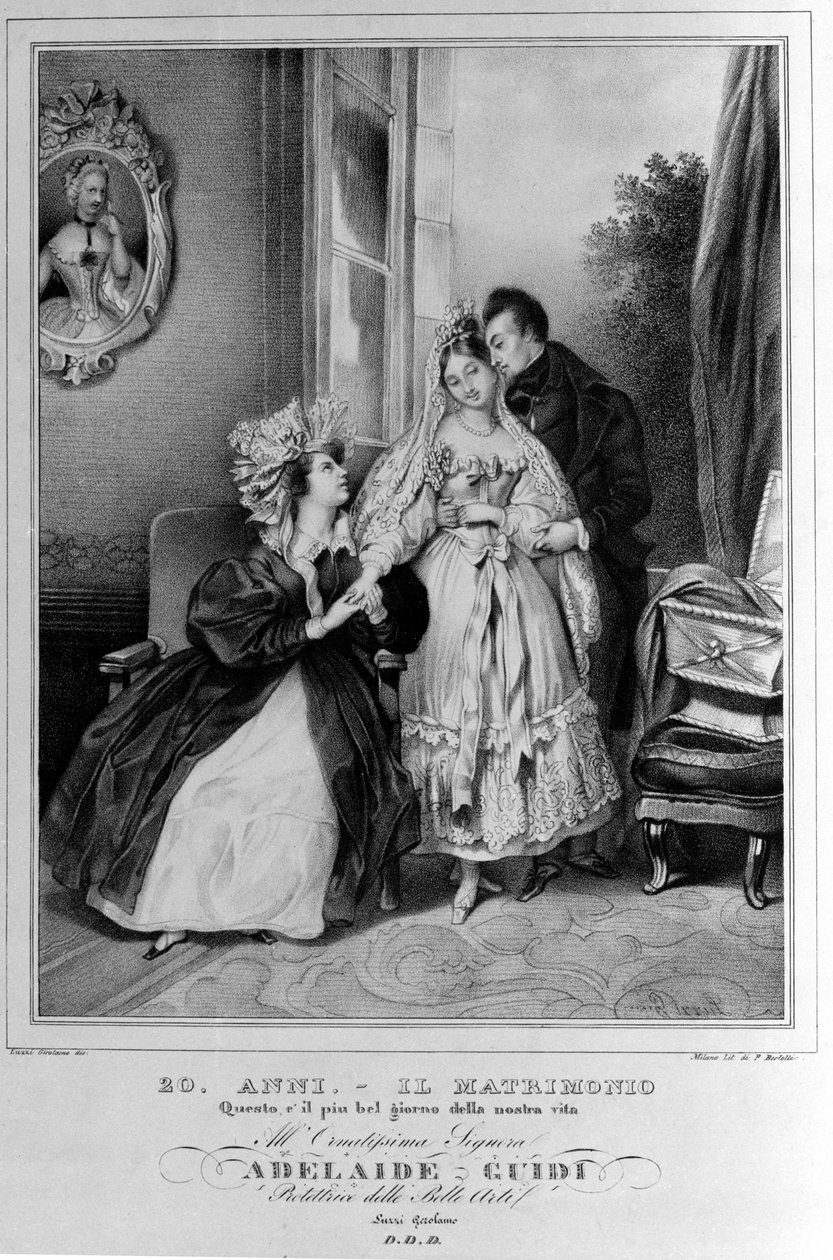 20 år: ægteskab. Repræsentation af et par nygifte. 1800-tals litografi. af Unknown artist
