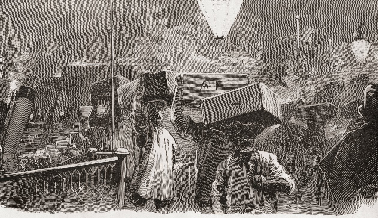 Kl. 5 om morgenen på Billingsgate Fish Market, London, England i det 19. århundrede af Unknown artist