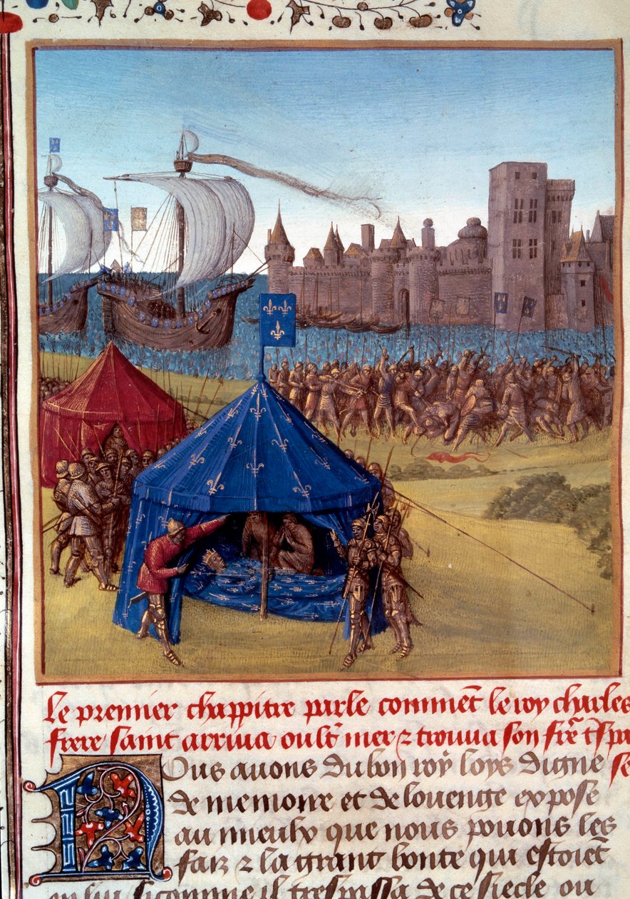 8. korstog: Saint Louis (Louis IX) (1214/1215-1270) død fra pesten i Tunis. Miniature taget fra "" Le livre des faits de Monseigneur Saint Louis""" Paris fra det 15. århundrede, B.N. af Unknown artist