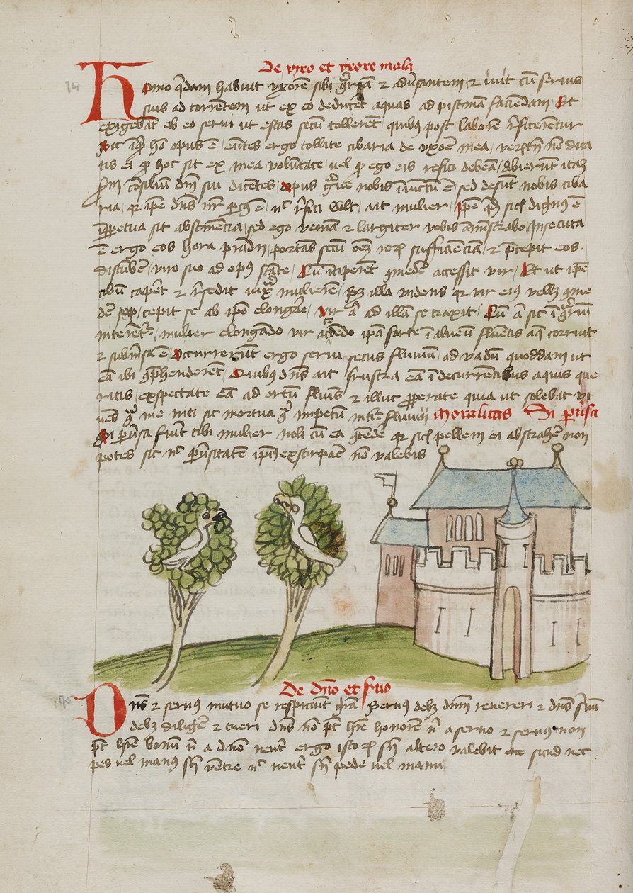 En fugl sidder i et træ nær en by af Unknown artist