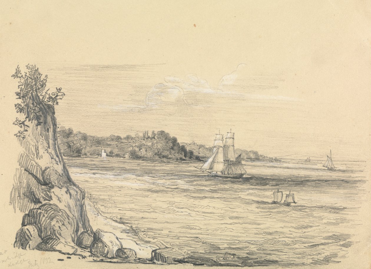 En kystlinje med skibe til søs af Unknown artist